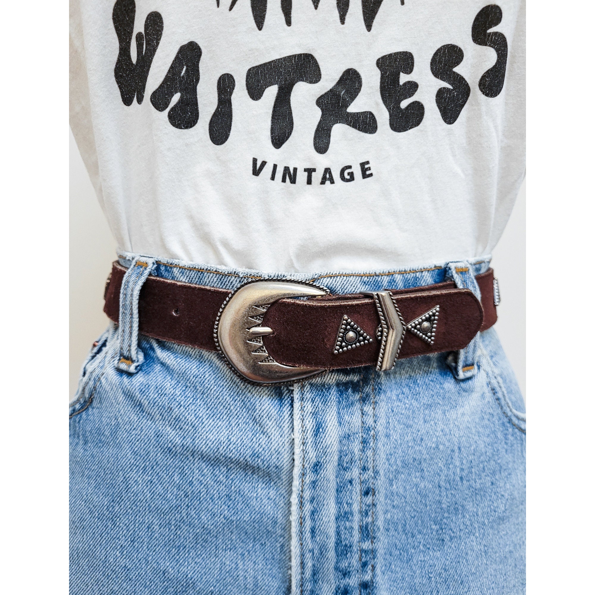 VINTAGE 80s Dark Brown SUEDE LEATHER Silver Metallic
