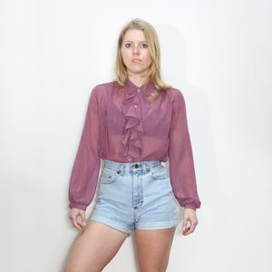 VINTAGE 80s Purple SHEER Secretary Removeable RUFFLED Neck Metallic Pinstripe Blouson Button Up Blouse || Size 8