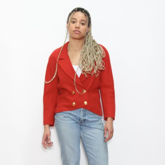 VINTAGE 70s Rust Orange DOUBLE BREASTED Gold Button Military