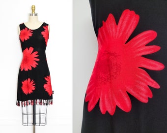 VINTAGE 90s Large Red Floral Daisy Print Hawaiian Bandage fitted Mini Dress Fringe Hem Tassel Scoopneck  Sun Dress Size S