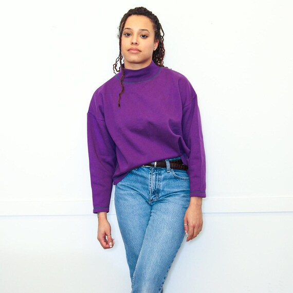 VINTAGE 90s PURPLE Cotton Mockneck Turtleneck Green Exposed Stitched Boxcut Cropped Sweater Sweatshirt S or M Etsy