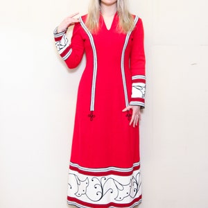 VINTAGE 70s Fashion Red White HIPPIE Boho Bohemian Festival Tapestry FOLK Peasant Embroidered Striped Heavy Flared Maxi Bell Lounge Dress sm image 5