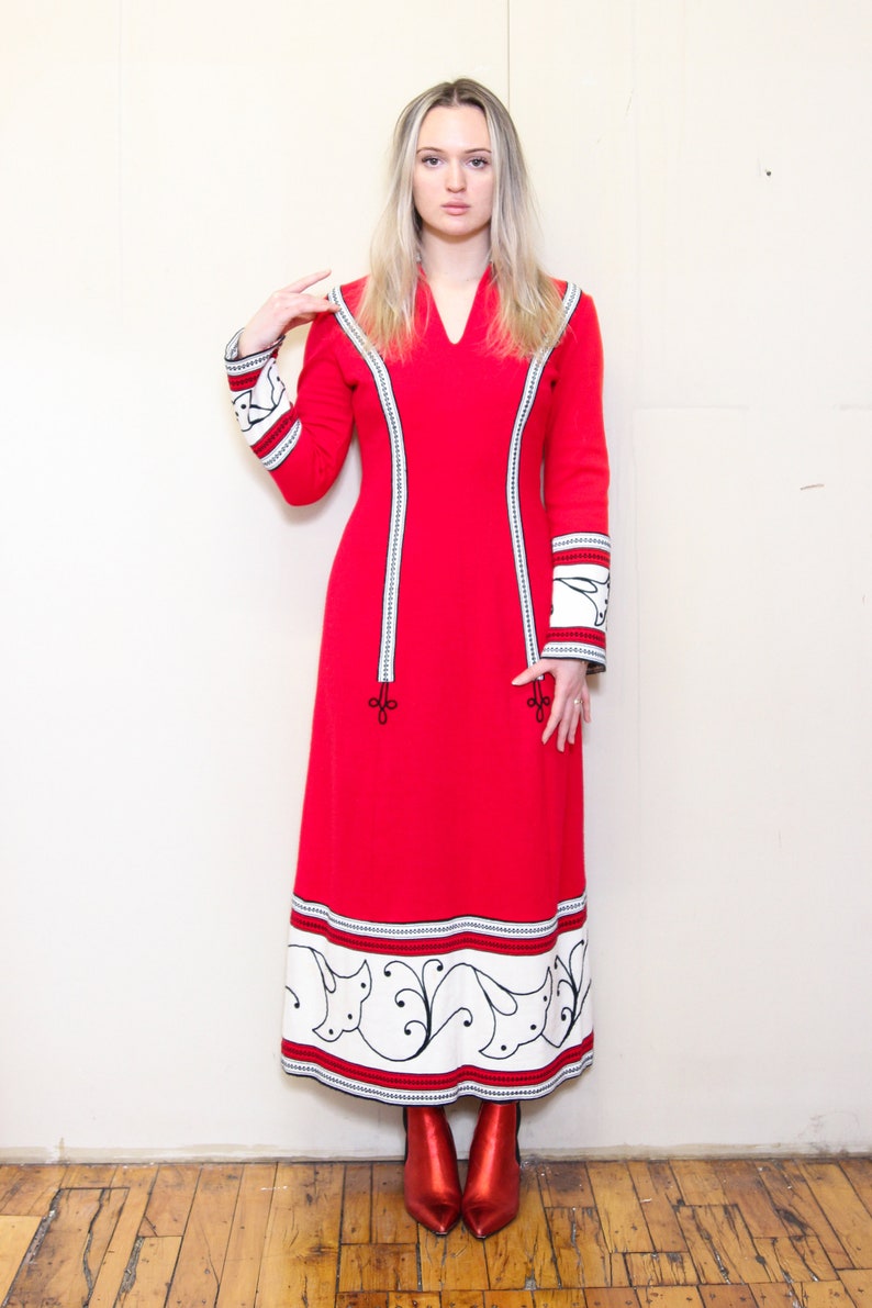 VINTAGE 70s Fashion Red White HIPPIE Boho Bohemian Festival Tapestry FOLK Peasant Embroidered Striped Heavy Flared Maxi Bell Lounge Dress sm image 5