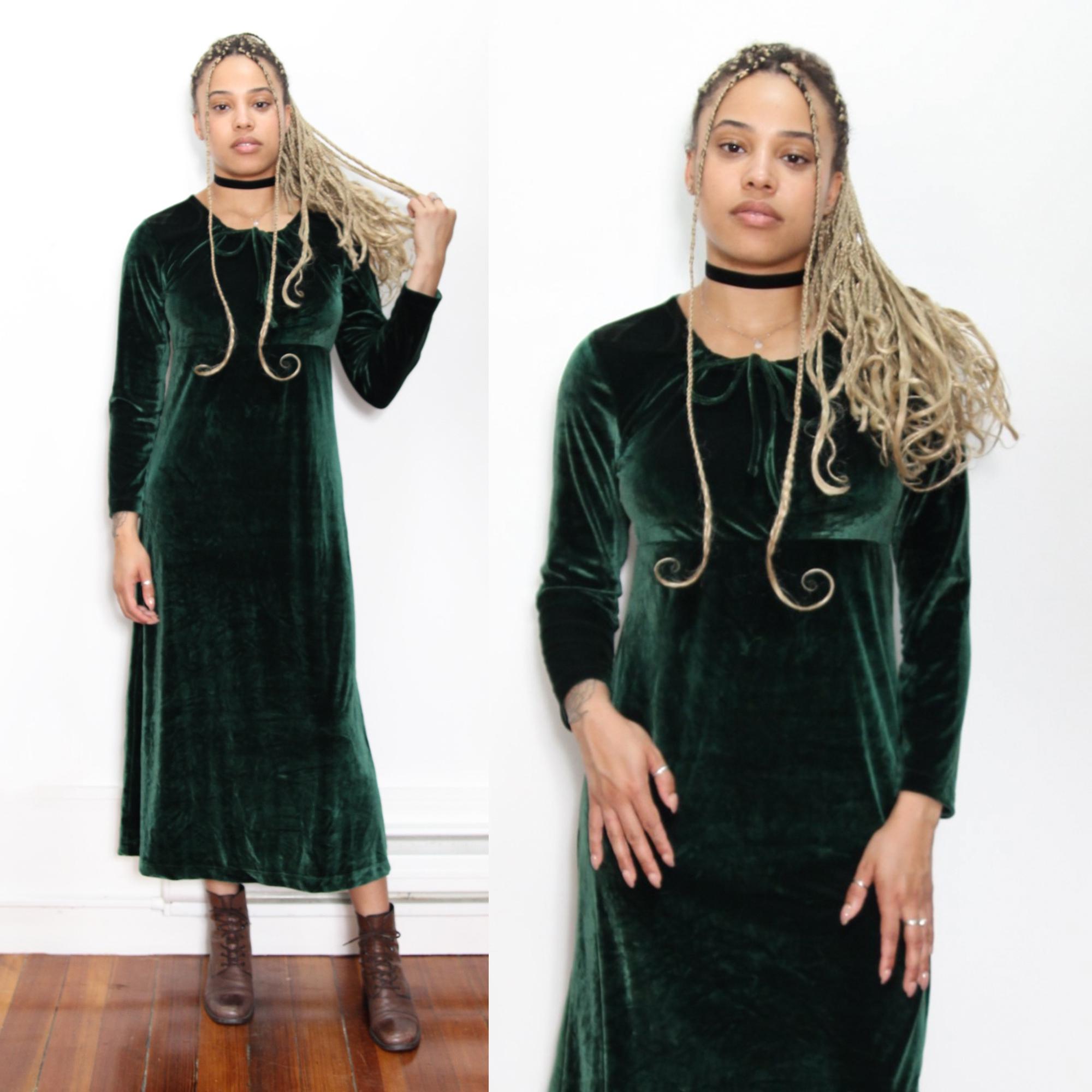 VINTAGE 90s Dark Green VELVET Drawstring Bowtie Ruched