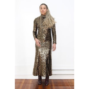 VINTAGE 70s Gold Black HEAVILY Sequinned Long Sleeve MOCKNECK Maxi Disco Party New Years Even Stretch Statement Dress || 8