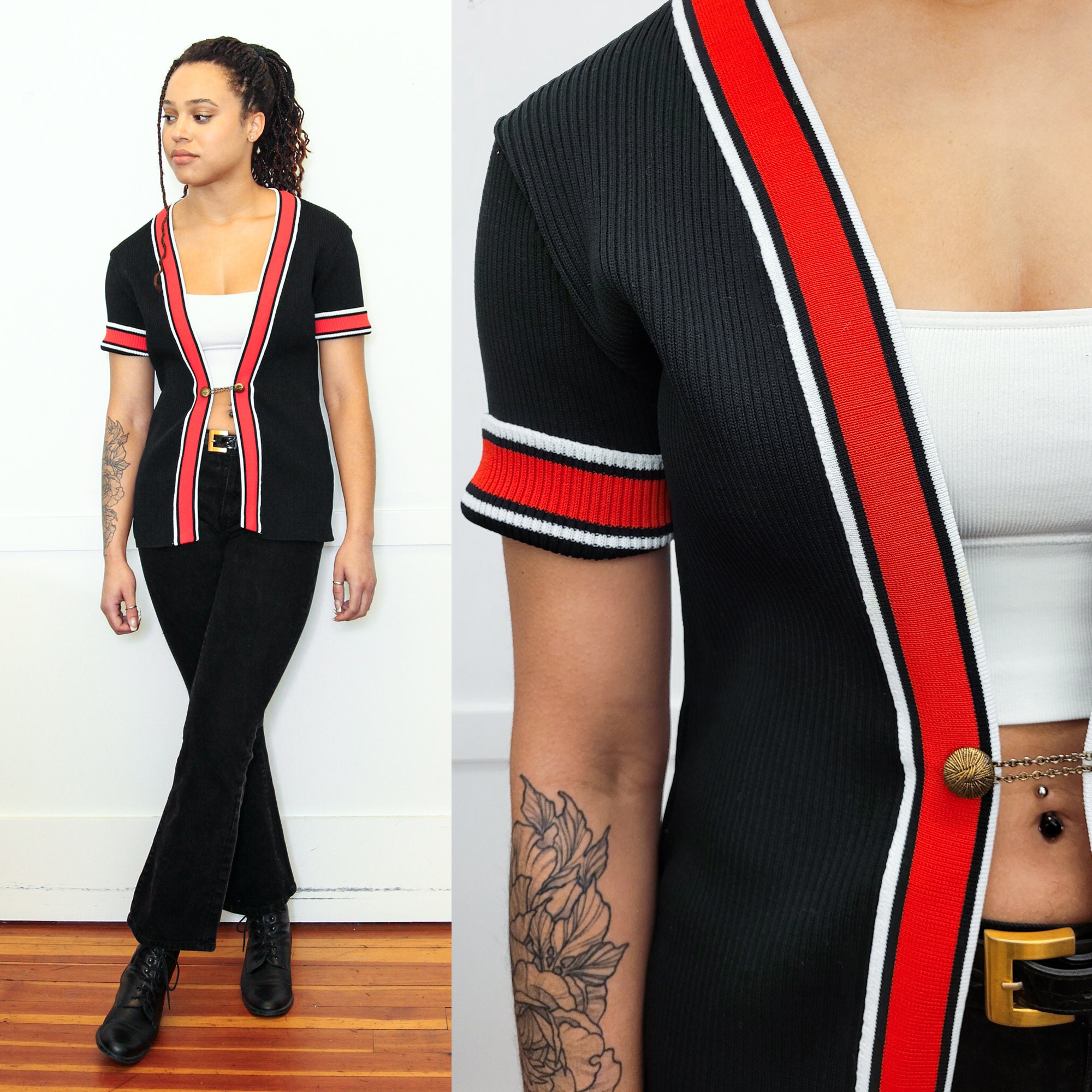 VINTAGE 70s Black Red White STRIPED Ribbed Gold CHAIN Button VINTAGE 70s Black Red White STRIPED Ribbed Gold CHAIN Button