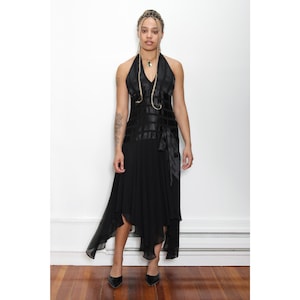 VINTAGE 90s Black Satin Striped SHEER Chiffon Asymmetrical Flowy Skirt HALTER Dropwaist Exposed Back Party Dress || Size 6