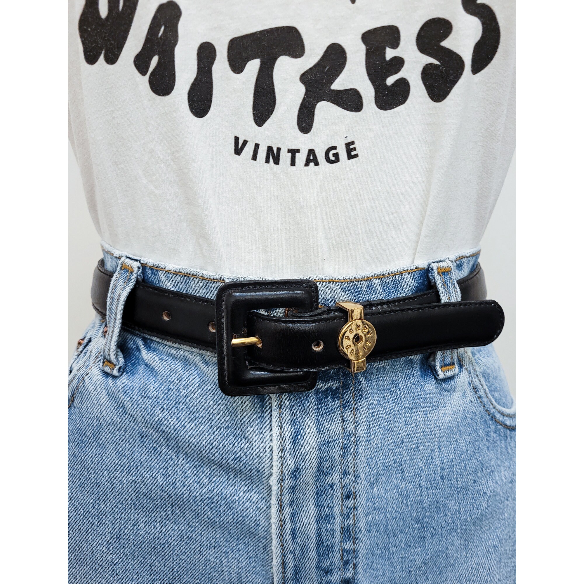 VINTAGE 90s Black PERRY ELLIS Designer Leather Skinny Belt Gold