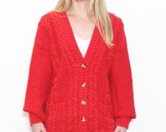 VINTAGE 80s 90s RED Cableknit Chunky Knit COTTON Ramie Open Pocket
