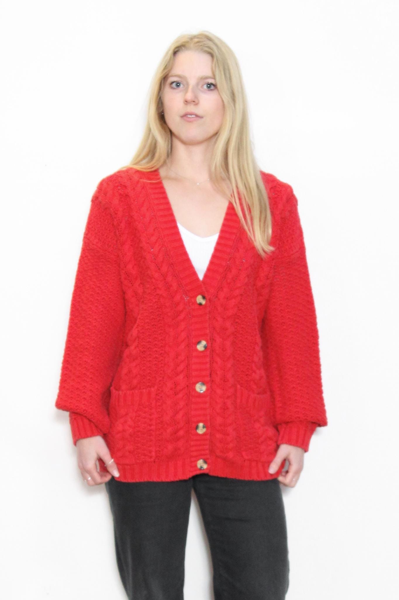 トップス 80s 90s ITALY cotton cable cardigan EURO VINTAGE 80s 90s RED Cableknit Chunky Knit COTTON Ramie Open Pocket