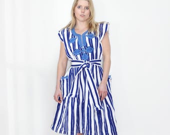 VINTAGE 70s RARE Blue White HEAVY Striped Grecian Style Tunic Cotton Canvas Handmade Knee Length Gathered Dress || S M