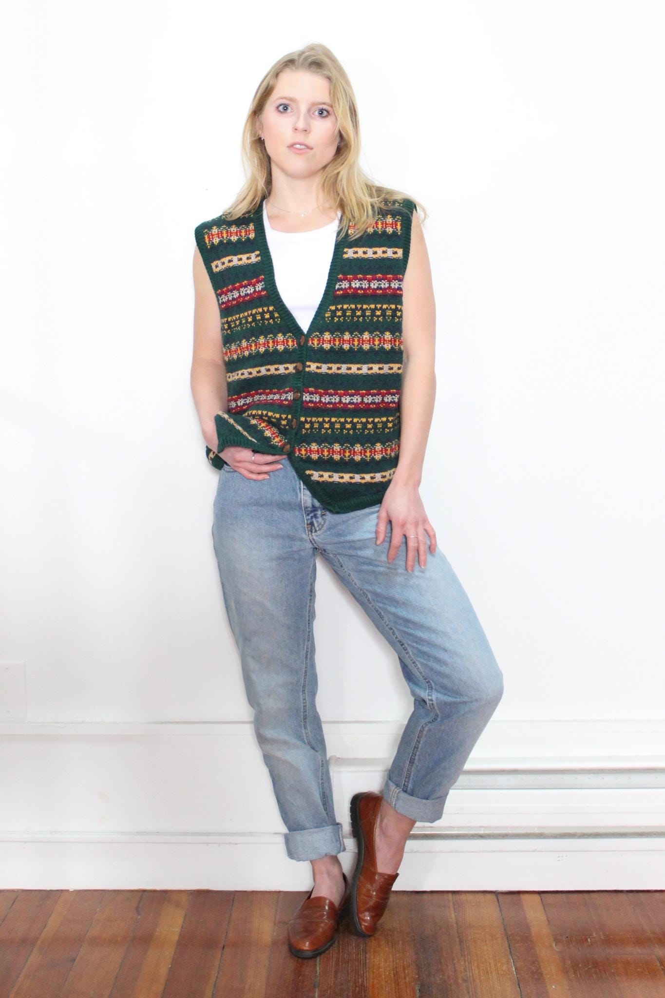 トップス Vintage Color Pattern Vest EFFECI Colorful beaded vest Vintage Size Small Silk Rayon
