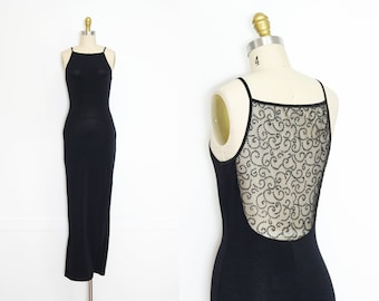 VINTAGE 90s Negro Sexy Malla Transparente Espalda Descubierta Con Cuentas Abstracto Elástico Bodycon Encaje Maxi Vestido Minimalista S M L