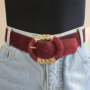 VTG Wide Suede Waist Belt with Gold Buckle - Burgundy Wide Suede Belt Women Genuine Leather Ladies Waist Belt for  main image 3