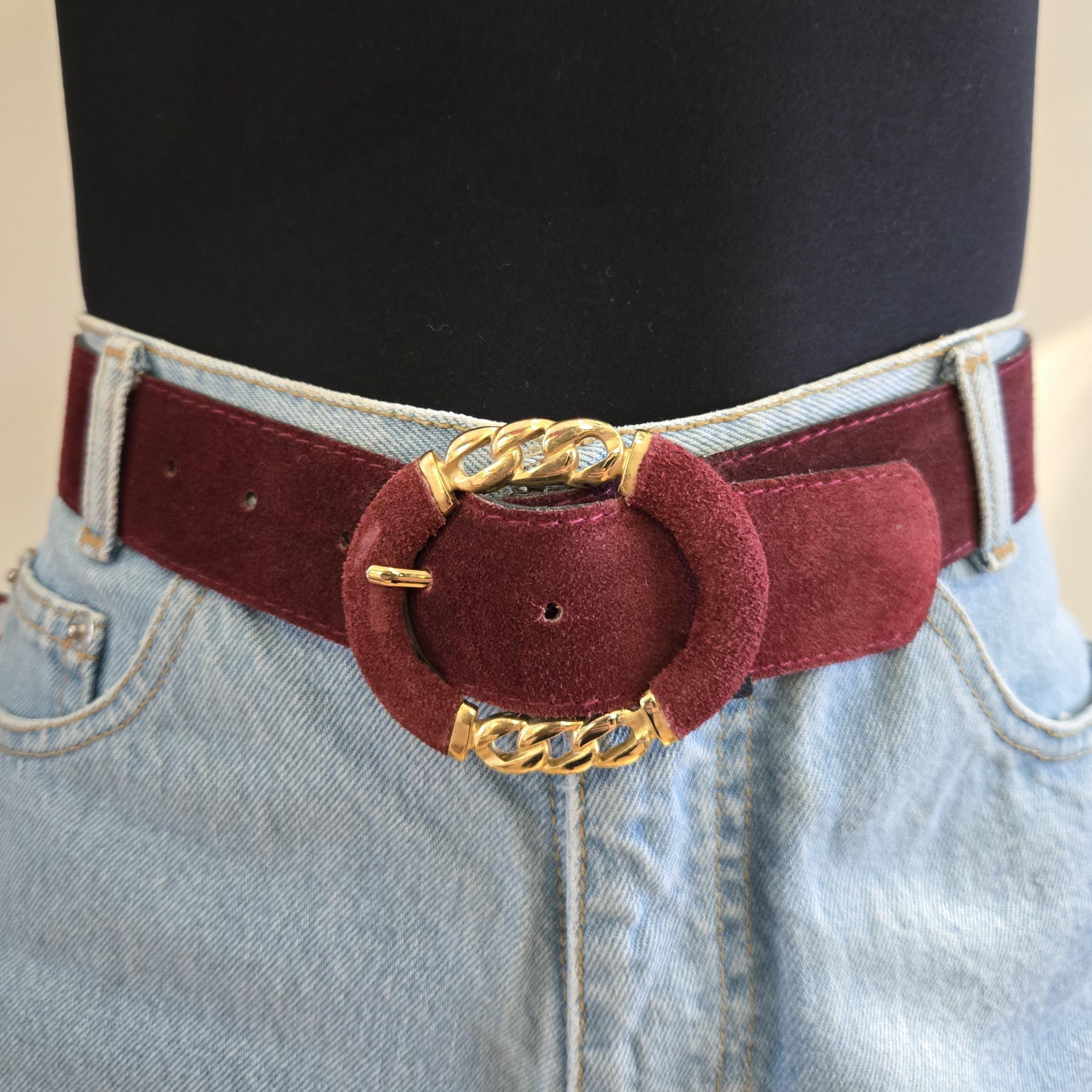 VINTAGE 80s Burgundy Wine Suede Leather Wide Gold Chainlink  display picture 2