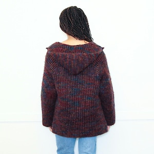 VINTAGE 80s/90s Handknit One of A Kind Burgundy HEAVY WOOL Chunky Knit Hooded Warm Cozy Cardigan Sweater || Size S