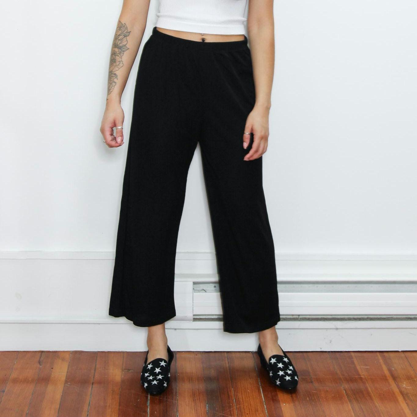 パンツ 90s Vintage pure wool 2tuck wide slacks VINTAGE 80s 90s Black WAFFLEKNIT Casual Relaxed High Waist Cropped