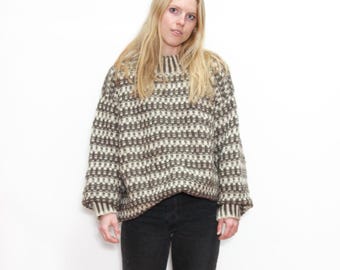 VINTAGE 90s TIMBERLAND Weathergear Handknit Wool Brown Beige Geometric Stripe Block Check Pattern Oversized Sweater || XL