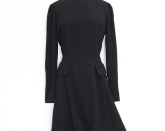 VINTAGE 70s 80s Black Textured Military Style Long Sleeve Fit & Flared Voluminous Ruffled mini Skirt Dress Goth Witchy S M