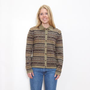 VINTAGE 90s RALPH LAUREN Lambswool Brown Gray Fair Isle Nordic Icelandic Holiday  Snowflake Thin Knit Cardigan Sweater || M