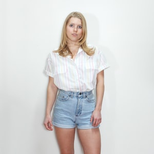 VINTAGE 80s White COTTON Mix Colorful STRIPED Normcore Short Sleeve Relaxed Casual Blouse Shirt Top || Size S or M