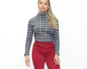 VINTAGE 90s Ribbed Striped Turtleneck Knit Top Casual Streetstyle || L - Listed as XL