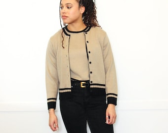 VINTAGE 90s Tan Brown Black Stripe VARSITY 2 Piece Cardigan Sweater Set || Preppy Minimalist Academia || Size S or M