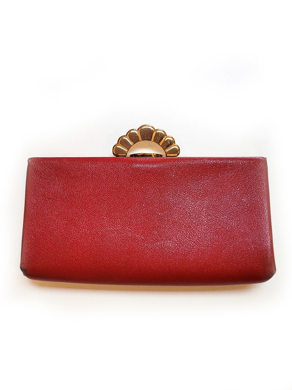 VINTAGE 70s Red Leather Wallet Clutch Metallic Go… - image 2