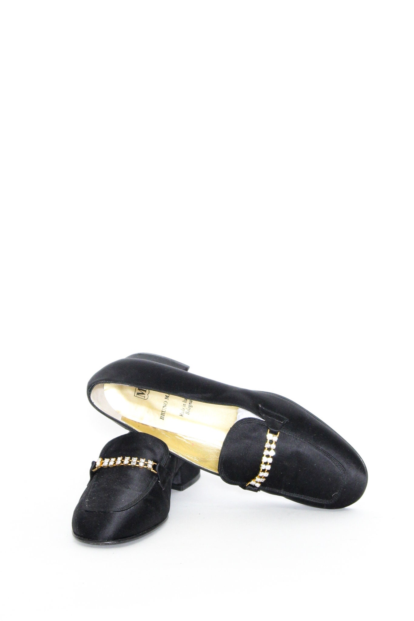 VINTAGE Designer 90s BRUNO MAGLI Black Satin Gold Leather  display picture 1