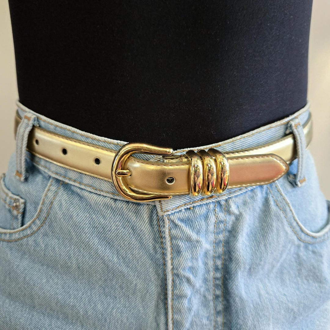 VINTAGE 80s 90s Gold Leather Triple Loop Holder Disco Fun  display picture 1
