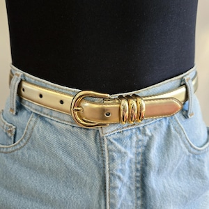 VINTAGE 80s 90s Gold Leather Triple Loop Holder Disco Fun Statement Possibly Leather Belt || Size M - 28.5 to 32.5&quot;