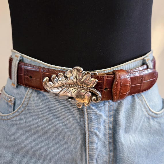 VTG Brighton Belt XL Black Textured Lizard Leather Gold Buckle 90\'s Western Boho Brighton Women main image 4