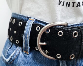 VINTAGE 90s JUMBO Black SUEDE Leather Silver Studded Perforated