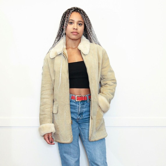VINTAGE 80s 90s Beige Cream Suede Leather SHEARLING Style