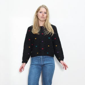 VINTAGE 80s 90s TALBOTS Petite Collection Black Colorful Rainbow POLKA Dot Cropped Textured Ramie Cotton Knit Sweater S P