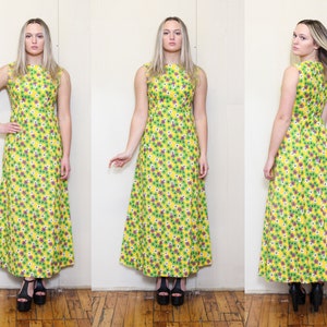 VINTAGE 60s 70s Yellow Green HIPPIE Boho Takashi Murakami Style Flower Child Print Floral Psychedelic Textured Folk MAXI Dress A Line S M