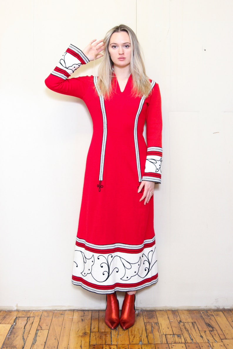 VINTAGE 70s Fashion Red White HIPPIE Boho Bohemian Festival Tapestry FOLK Peasant Embroidered Striped Heavy Flared Maxi Bell Lounge Dress sm image 3
