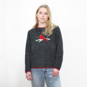 ヴィンテージ ウールリッチ レッド カーディナル バード ウィンター ホリデー スノーフレーク クリスマス ノベルティ ウール ミックス グレー クルーネック ニット セーター || S