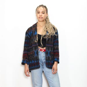 VINTAGE 80s 90s Dark Gray Blue GEOMETRIC Aztec Southwestern Hippie Exposed Stitch Trim Wool Mix Blazer Suit Jacket || S