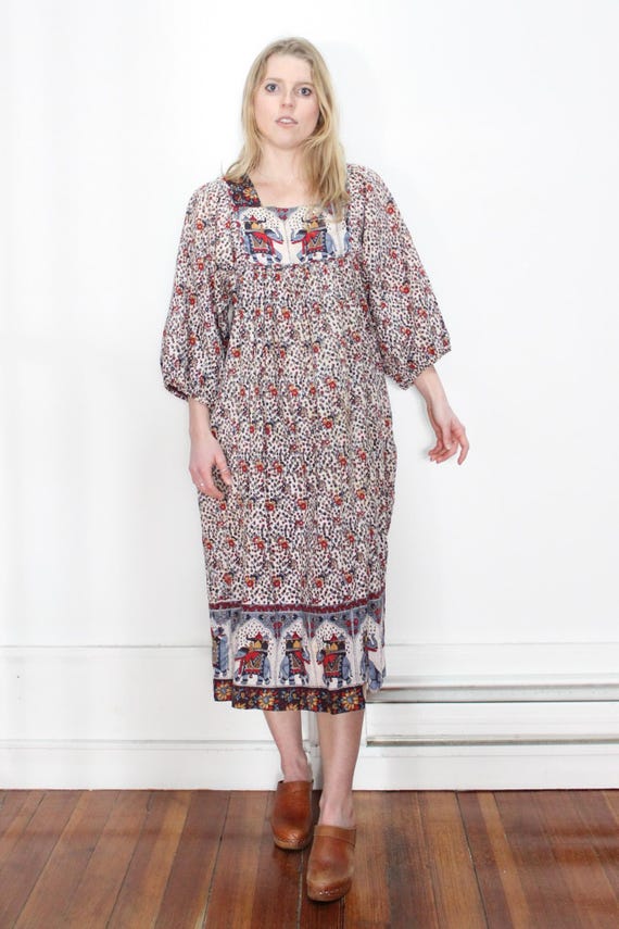 VINTAGE 70s Floral Ethnic INDIA Cotton Gauze Hippie Boho Casual