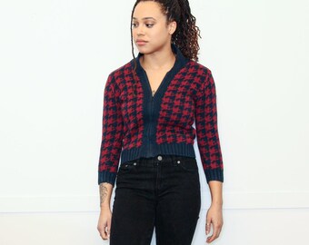 VINTAGE des années 90, rouge bleu marine grand pied-de-poule imprimé cardigan raccourci coupe zippée || Style XS ou S