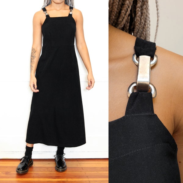 Xmas Sale!*VINTAGE 90s Black Unique SILVER Hinge Shoulder Clip Overall Coverall Grunge Goth Maxi Flared Sleeveless Dress || 5/6 S or M