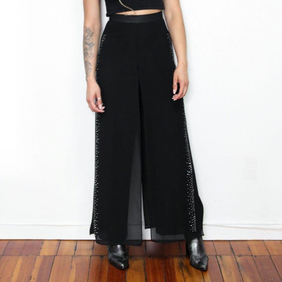 VINTAGE 90s Black SHEER CHIFFON Panel High Waist Flowy Wide