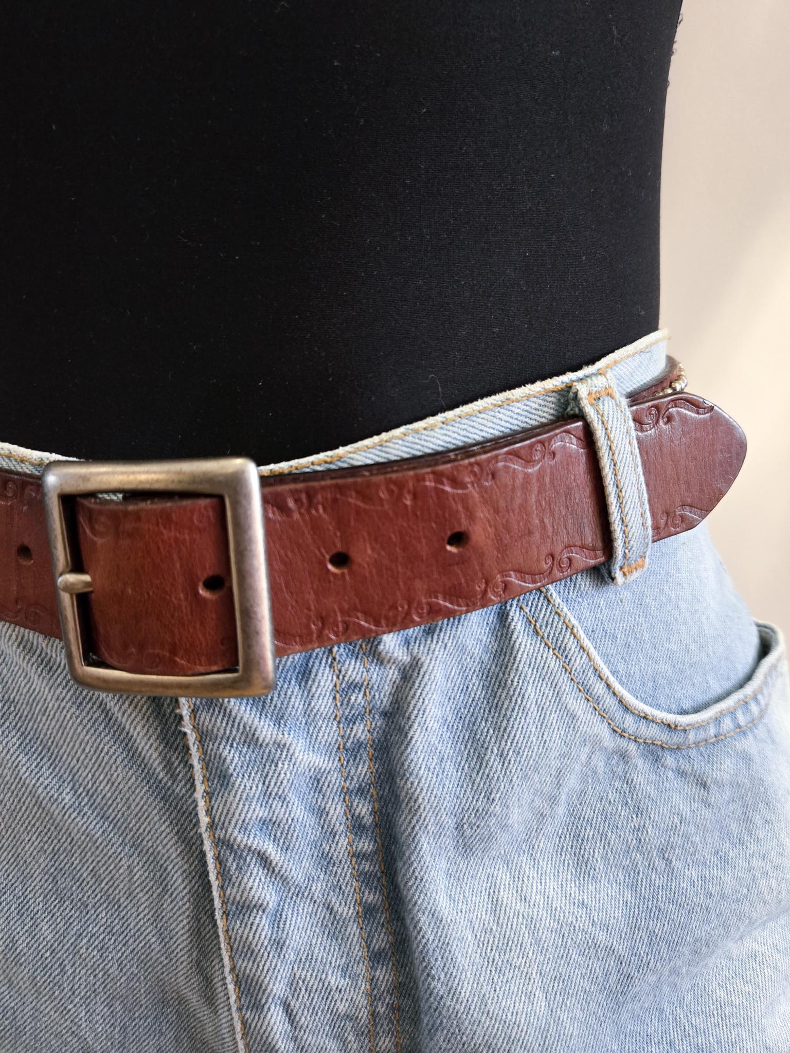 Bohemian brown leather belt with three square metal embellishments Women’s OS Rosalie Belt - Boho Western Brown Floral Leather Jean Belt  main image 2