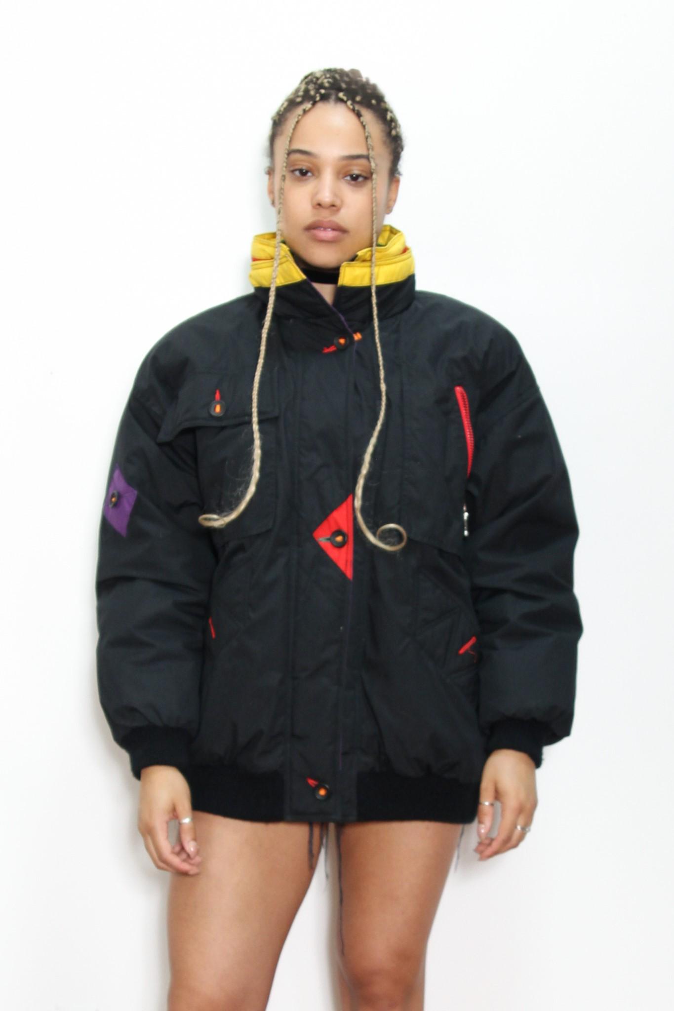 VINTAGE 80s GIACCA Duck Down Fowl Feather Black Puffer Colorful
