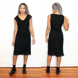 VINTAGE 90s Black BIAS CUT Sheer Chiffon Wispy Ruffled Flutter Sleeve Crochet Embroidered Lace Trim Midi Dress || 8 S or M