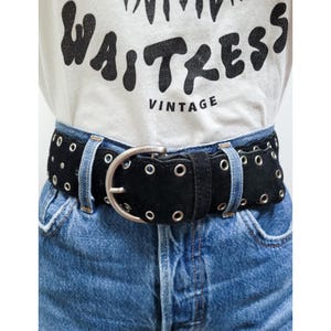 VINTAGE 90s JUMBO Black SUEDE Leather Silver Studded Perforated Scallop Trim Large Grunge Punk Belt || M/L - 35.5 to 39.5&quot;
