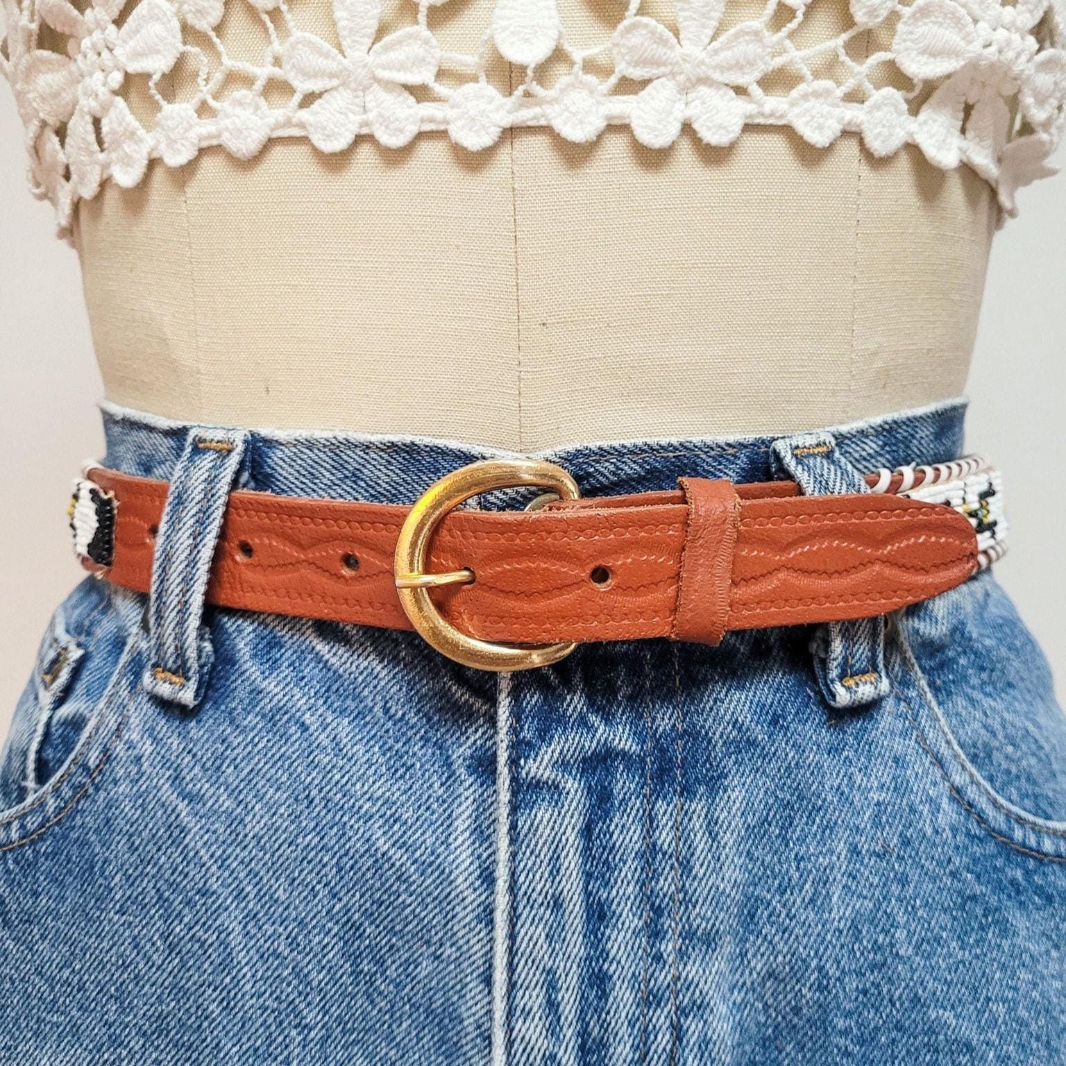 Vtg 90s Compagnie Internationale EXPRESS Beaded‎ Leather Belt L Boho Festival Express Compagnie Internationale Women main image 2