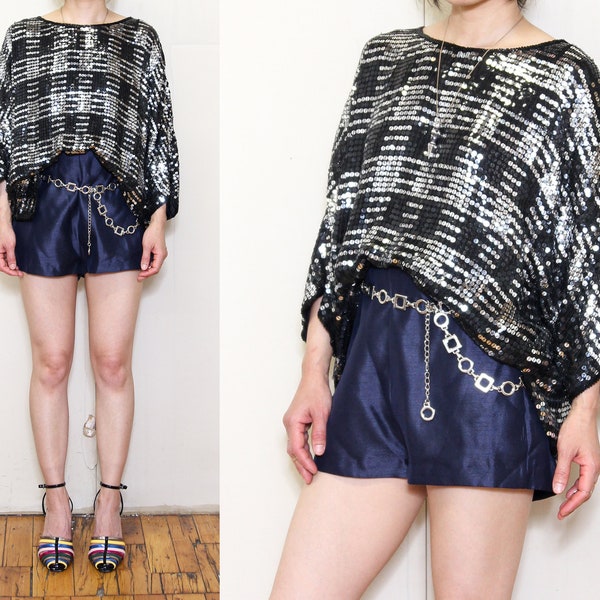 VINTAGE 80s Black Silver Metallic Checkered Sequin Glam Party Disco New Years Eve SILK Draped Cocoon Cape Sleeve Blouse Top Oversized Blouse