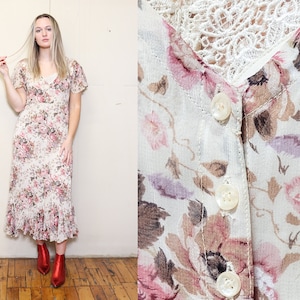 VINTAGE jaren 80 jaren 90 prachtige bloemen roze ivoor romantische ETHEREAL Victoriaanse engel gehaakte geborduurde kanten rokjurk S